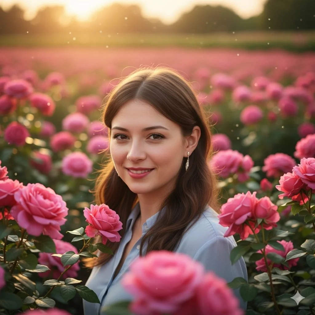 Cô gái có mái tóc ngắn nữ tính tươi cười giữa vườn hoa hồng rực rỡ