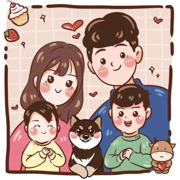 ảnh chibi gia đình 4 người 2 con trai
