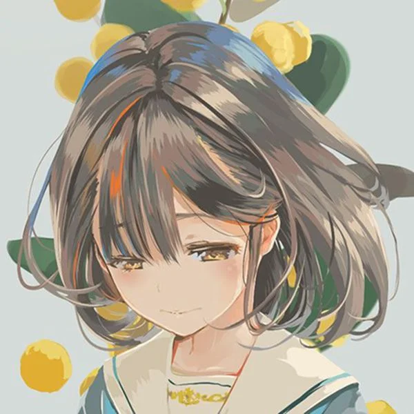 Ảnh đại diện anime cô gái tóc nâu xám với ánh mắt dịu dàng trên nền hoa lá màu vàng xanh