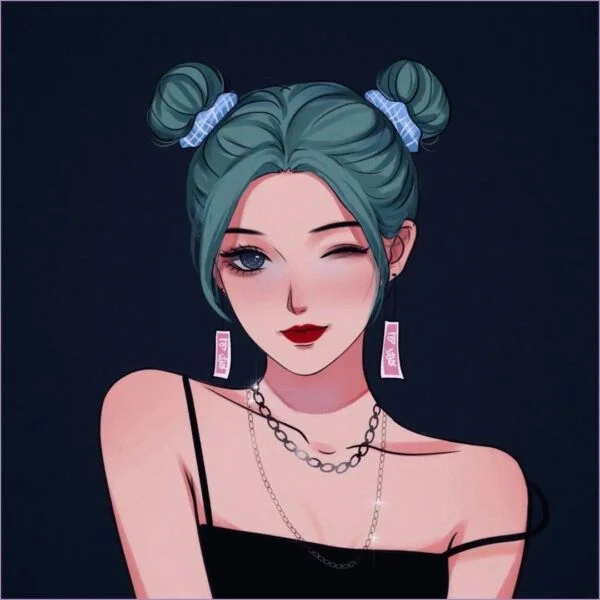 Ảnh đại diện anime cô gái tóc xanh búi hai bên đang nháy mắt trên nền tối