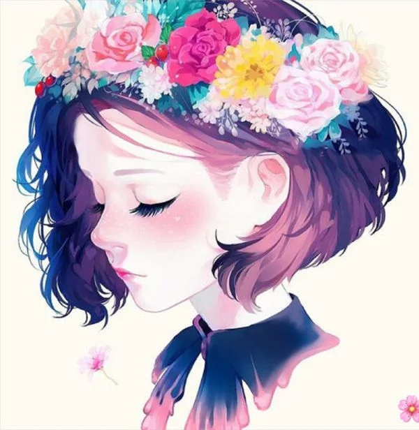 Ảnh đại diện anime cô gái tóc tím nhìn nghiêng đội vòng hoa nhiều màu sắc trên nền sáng