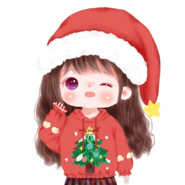 Ảnh đại diện cô bé hoạt hình dễ thương đội mũ Noel và mặc áo hoodie đỏ có cây thông Giáng Sinh