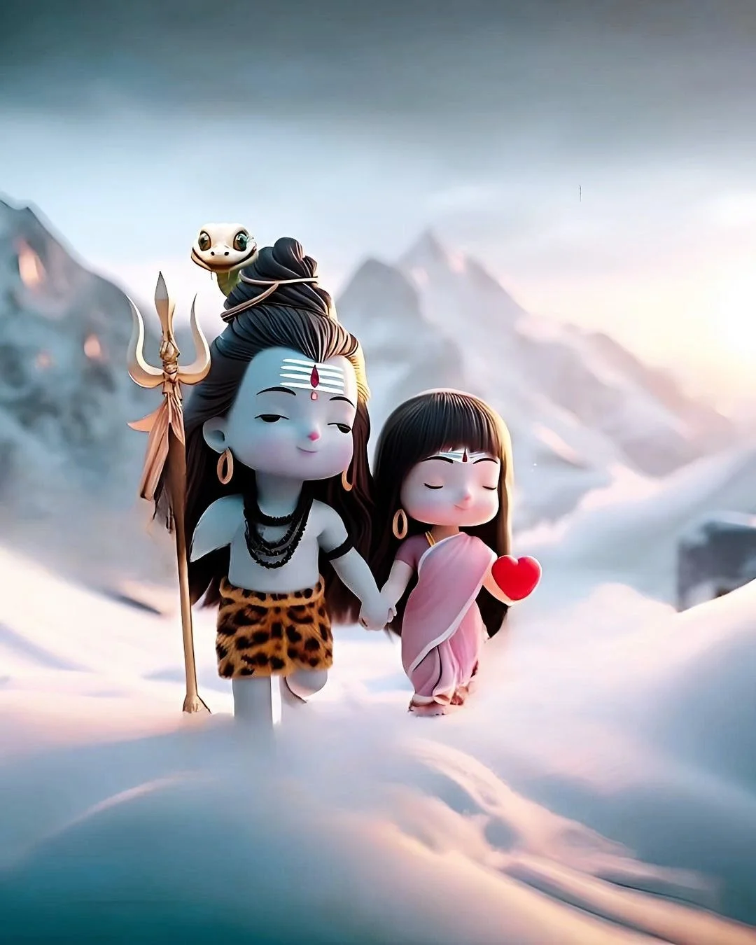 Ảnh chibi thần Shiva và cô bé đứng giữa khung cảnh núi tuyết