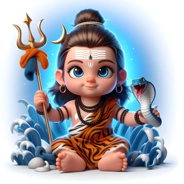 Ảnh đại diện bé Shiva hoạt hình đáng yêu cầm đinh ba và rắn hổ mang trong khung cảnh sóng nước xanh