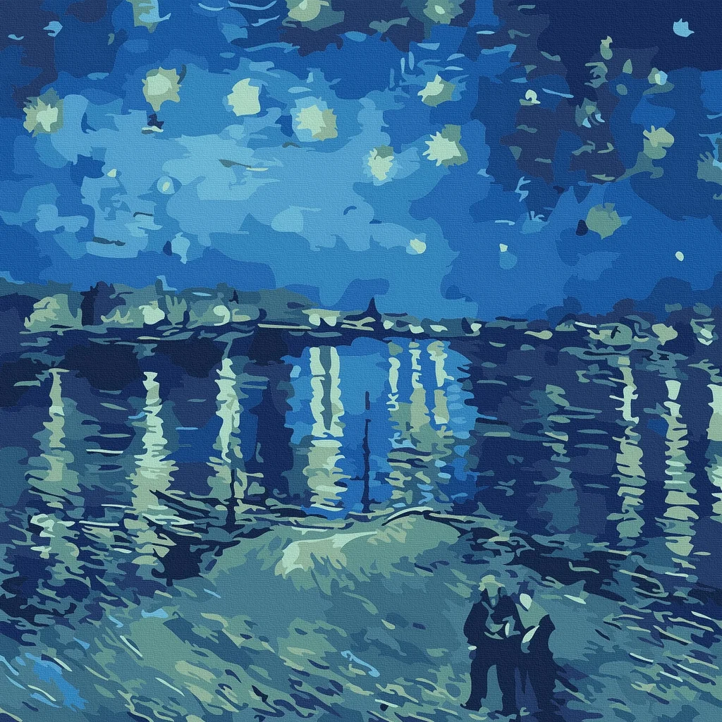 Tranh Đêm đầy sao bên sông Rhone của Van Gogh với ánh sao phản chiếu mặt nước
