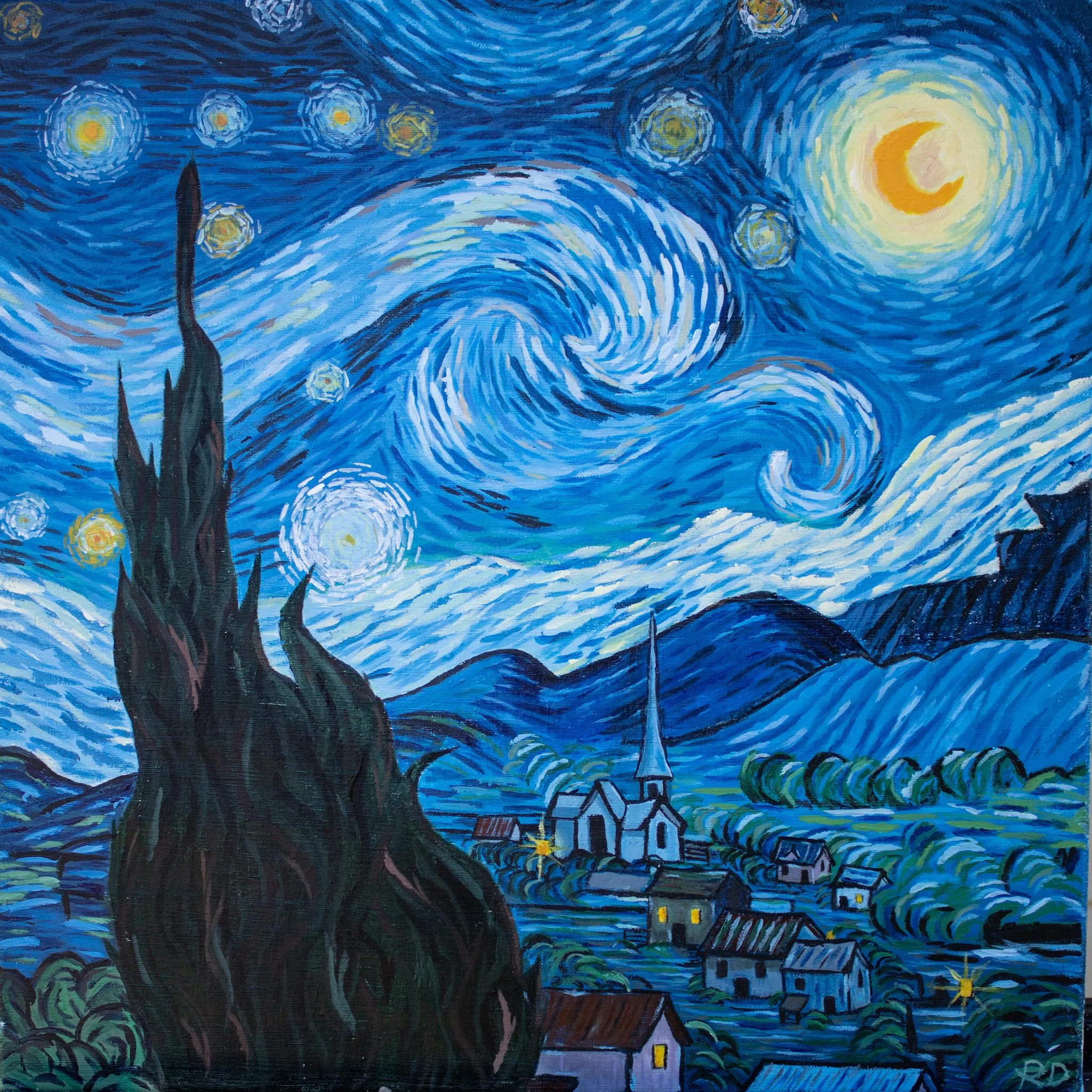 Tớ vẽ lại Bức tranh Đêm đầy sao của Vincent Van Gogh, vui ơi là vui khi vẽ nó. Vẽ bằng acrylic trên canvas 20x20, cho tớ biết bạn nghĩ gì về