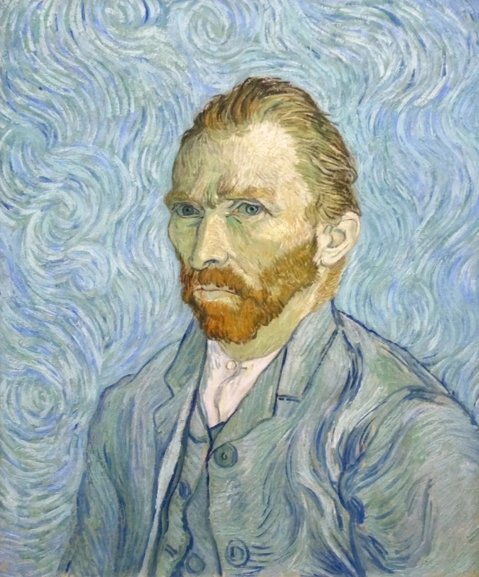 Chân dung họa sĩ Van Gogh trên nền xoáy xanh của bầu trời đêm đầy sao