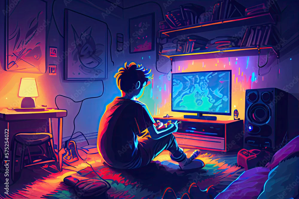 Bạn trẻ chơi game trong căn phòng ánh đèn neon đầy màu sắc