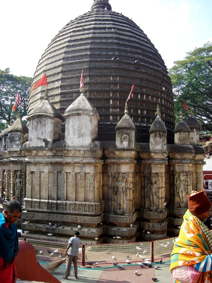 Cận cảnh mái vòm đá chạm khắc của đền Kamakhya và du khách
