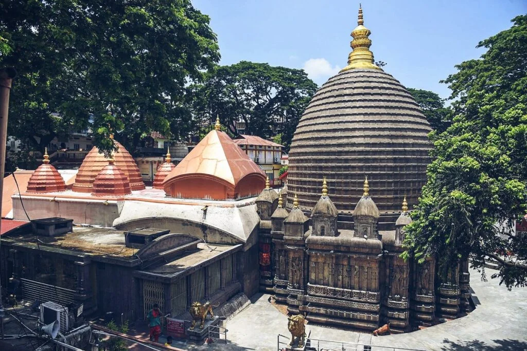 Góc nhìn từ trên cao về đền Kamakhya giữa tán cây xanh