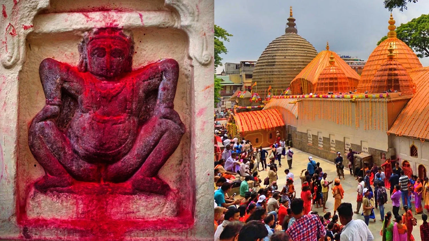 Tượng thần sơn đỏ bên cạnh đền Kamakhya đông khách hành hương