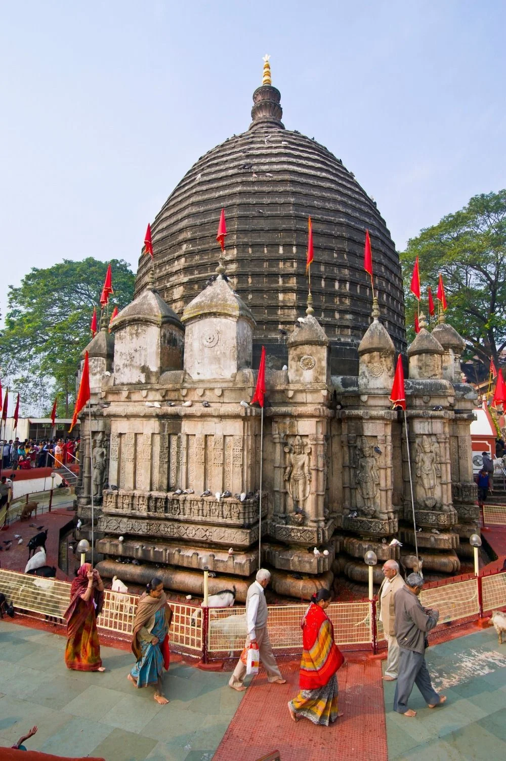 Đền Kamakhya trang trí cờ đỏ với người hành hương trong sân