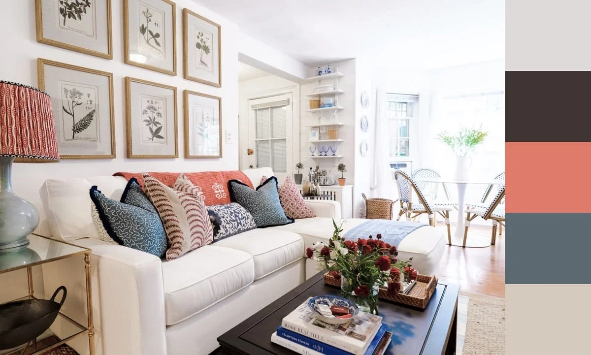 Hình nền đẹp cute với phòng khách trắng sáng, sofa họa tiết trang nhã, hoa tươi và tranh thực vật cổ điển