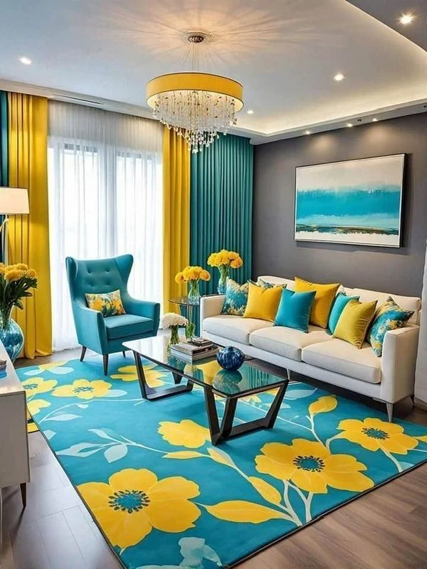 Hình nền đẹp cute với phòng khách hiện đại, sofa trắng, ghế xanh ngọc và thảm hoa vàng nổi bật