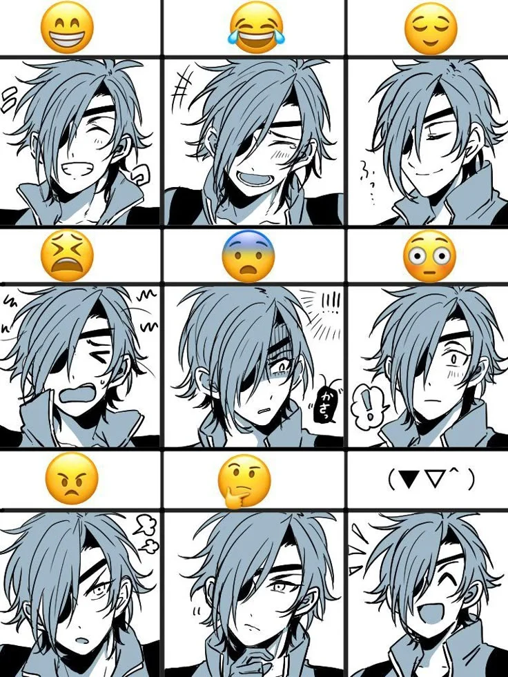 Ảnh bìa đẹp với nhân vật nam anime tóc xanh xám thể hiện chín biểu cảm khác nhau trong bố cục truyện tranh