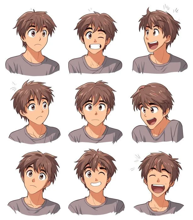 Ảnh bìa đẹp với chín biểu cảm khác nhau của chàng trai anime trên nền trắng