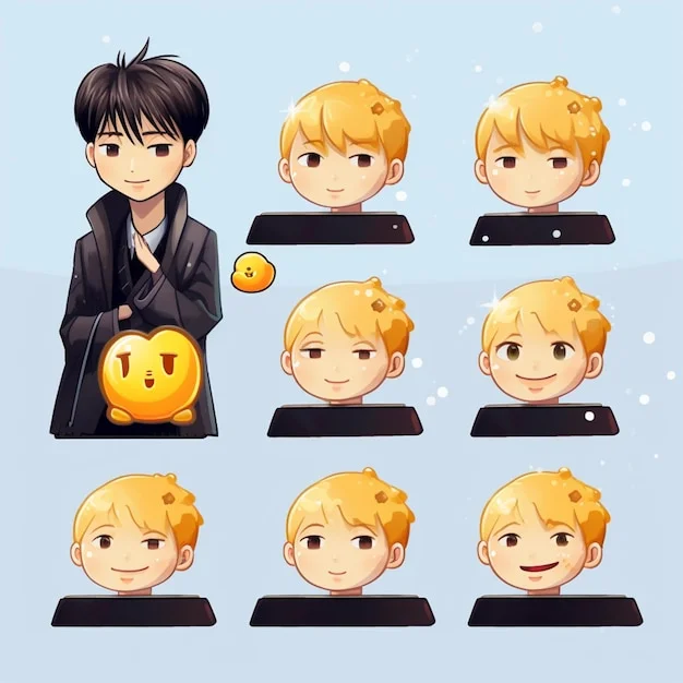 Ảnh bìa đẹp với bộ nhân vật anime chibi tóc đen và tóc vàng cùng nhiều biểu cảm trên nền xanh pastel
