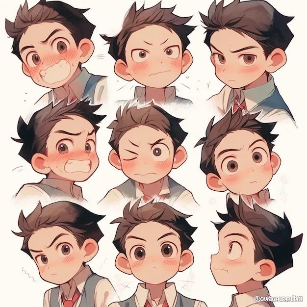 Ảnh bìa đẹp với minh họa anime cậu bé thể hiện chín biểu cảm đáng yêu trên nền trắng