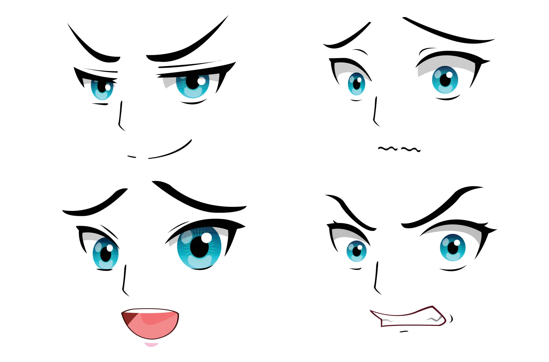 Ảnh bìa đẹp với bốn biểu cảm khuôn mặt anime, đôi mắt xanh ngọc nổi bật trên nền trắng tối giản