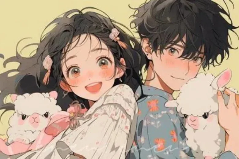 Cặp đôi anime dễ thương với thú bông làm hình nền máy tính