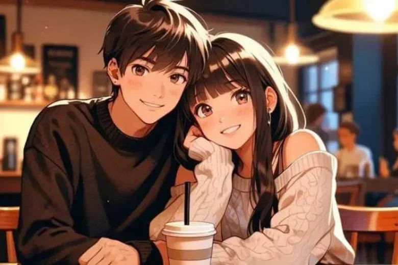 Cặp đôi anime hẹn hò tại quán cà phê làm hình nền máy tính