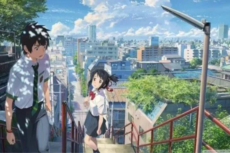 Cặp đôi anime trên cầu thang thành phố làm hình nền máy tính