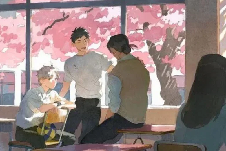 Nhóm bạn anime bên cửa sổ lớp học làm hình nền máy tính