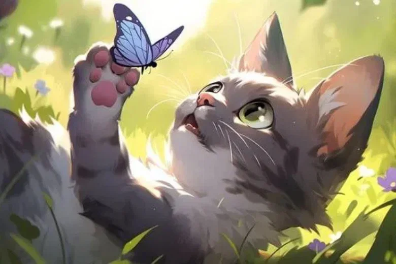Mèo con chơi đùa cùng bướm làm hình nền máy tính