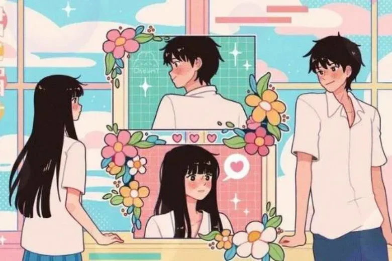 Cặp đôi anime nhìn vào gương làm hình nền máy tính