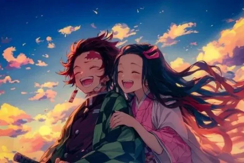 Cặp đôi anime dưới bầu trời hoàng hôn làm hình nền máy tính