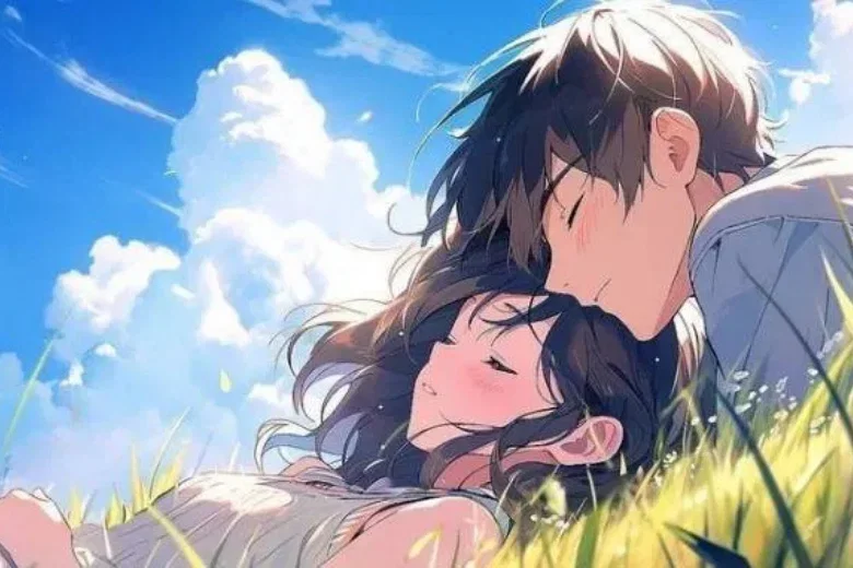 Cặp đôi anime nằm trên cỏ dưới bầu trời xanh làm hình nền máy tính
