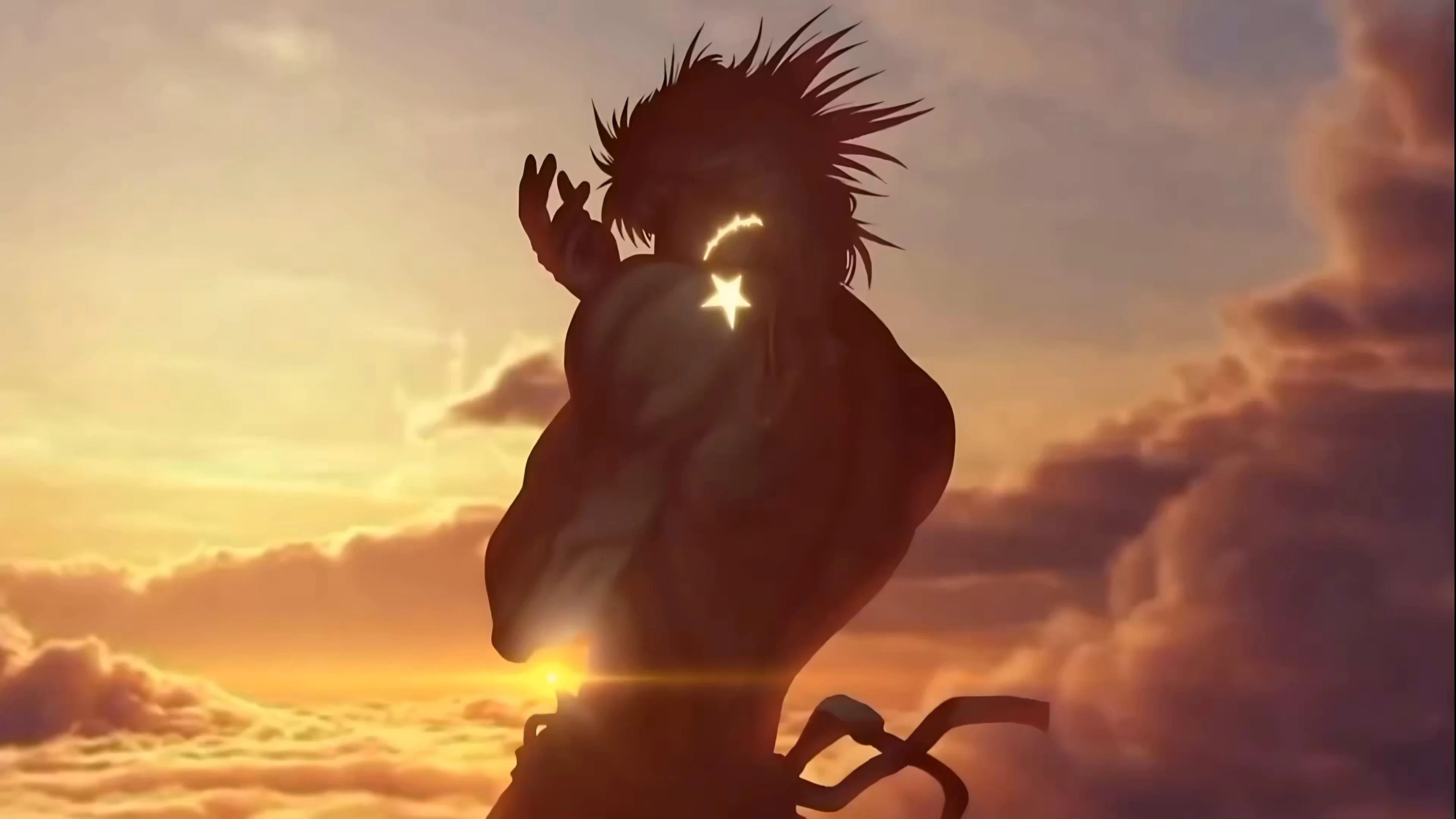 Ảnh đen xì với chiến binh anime đứng trước hoàng hôn rực đỏ