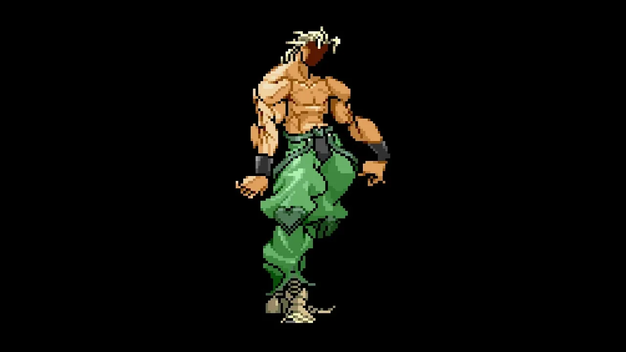 Ảnh đen xì với nhân vật võ sĩ pixel art mặc quần xanh lá nổi bật giữa nền tối