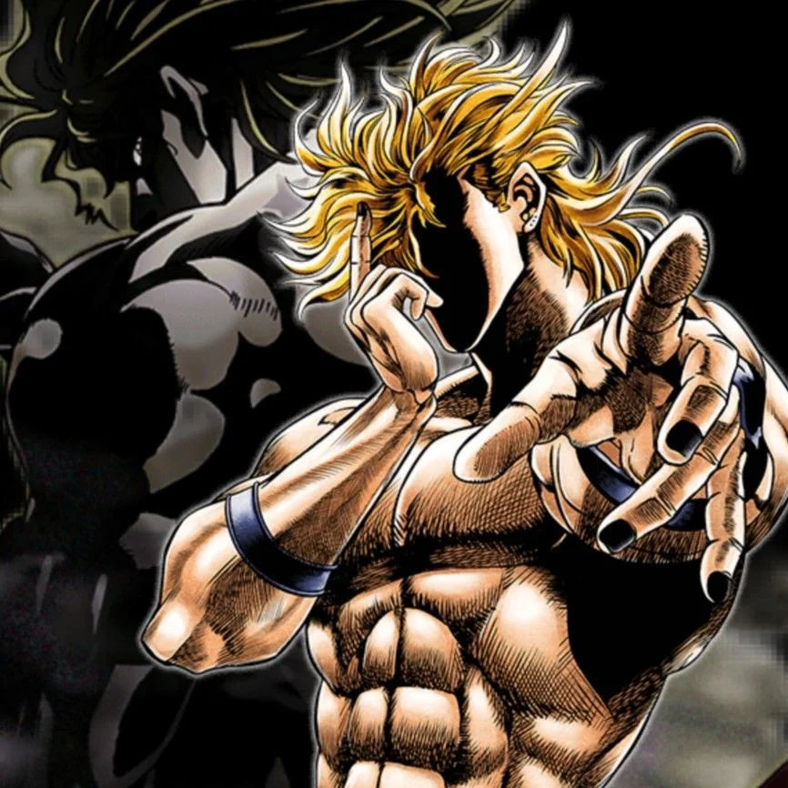 Ảnh đen xì phong cách manga với nhân vật nam tóc vàng cơ bắp đưa tay về phía người xem trên nền tối