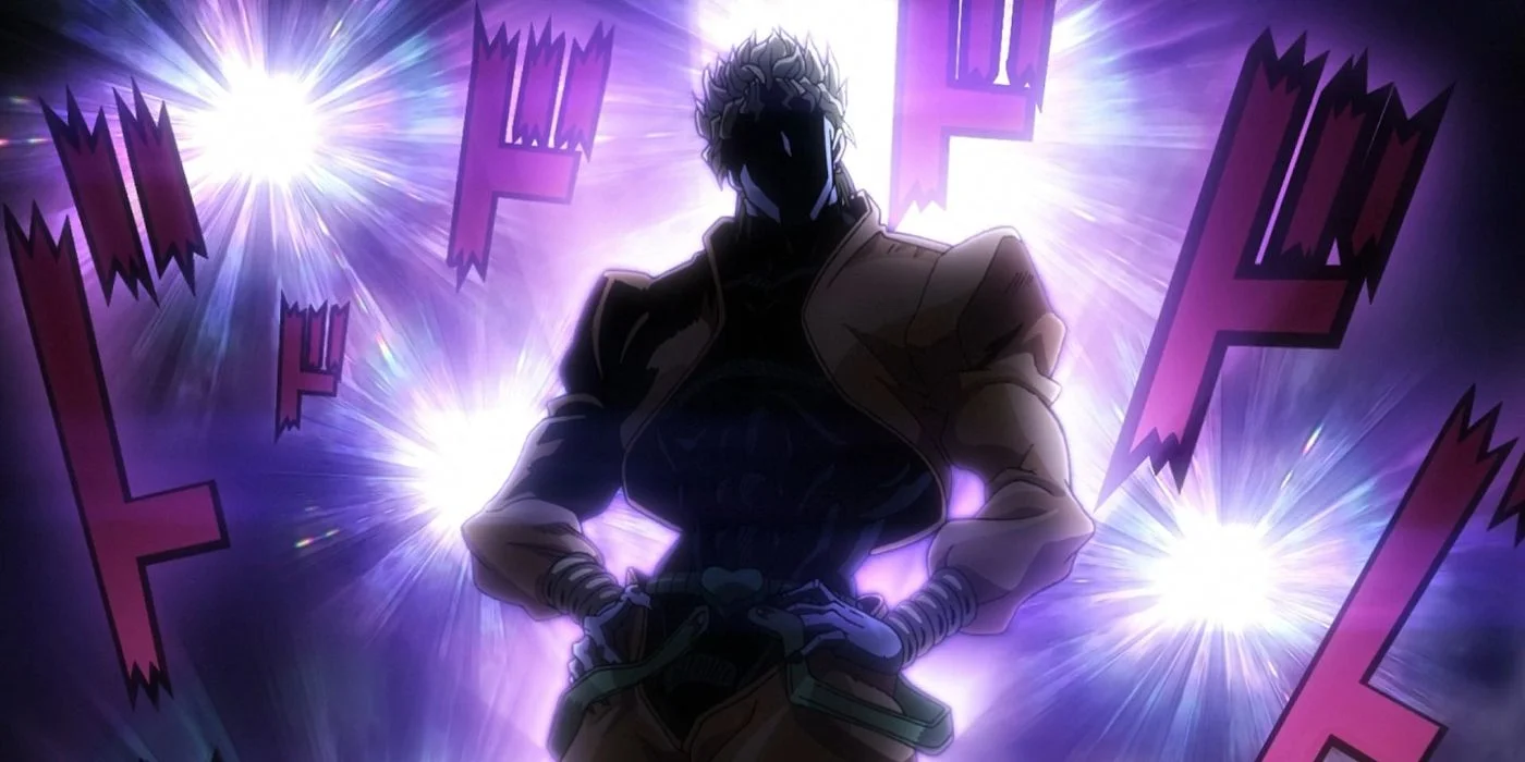 Ảnh đen xì phong cách anime với nhân vật nam bí ẩn đứng giữa những tia sáng tím trắng rực rỡ