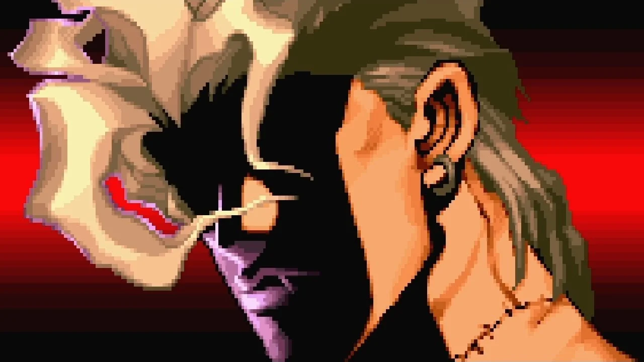 Ảnh đen xì phong cách pixel art với gương mặt nhân vật anime tương phản đỏ đen