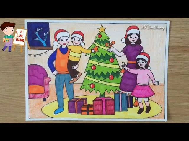 Vẽ tranh đề tài Gia đình: Mừng đón Giáng sinh | Vẽ tranh Noel | How to draw family Christmas P1