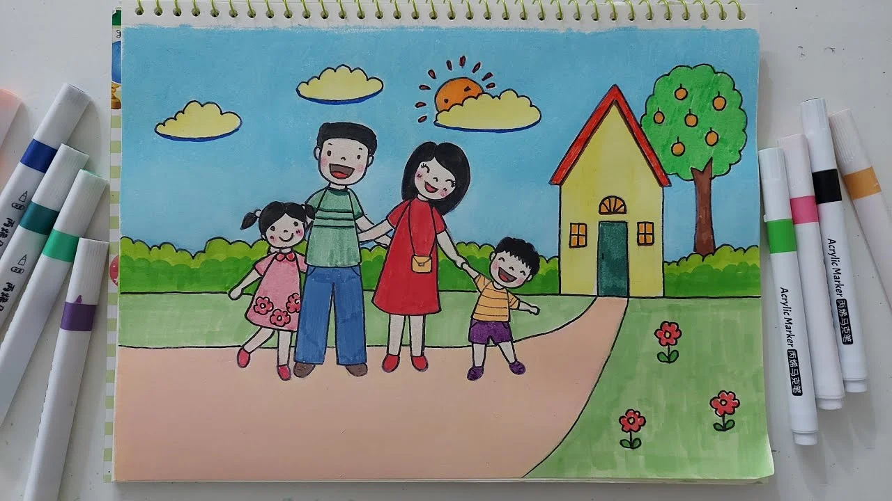 Tranh vẽ gia đình đi dạo trước ngôi nhà nhỏ