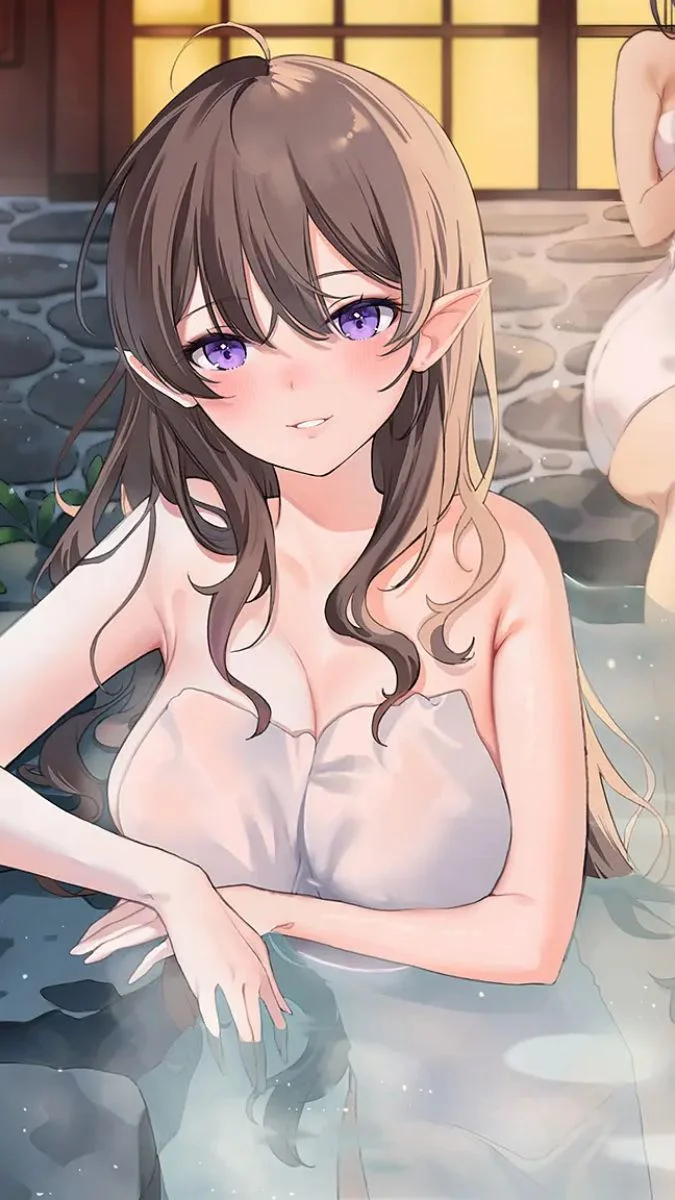 Hình ảnh sex gái xinh anime với đôi tai yêu tinh đang thư giãn trong suối nước nóng