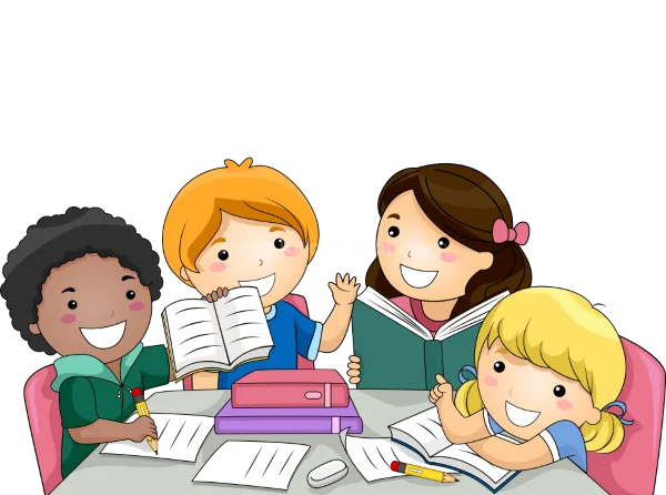 Hình ảnh học tập của nhóm học sinh tiểu học đang cùng nhau đọc sách và làm bài tập.
