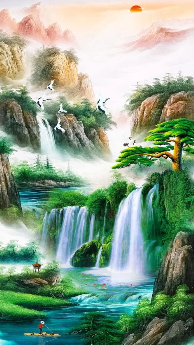hình nền đẹp cho điện thoại phong cảnh sơn thủy hữu tình thác nước và chim hạc