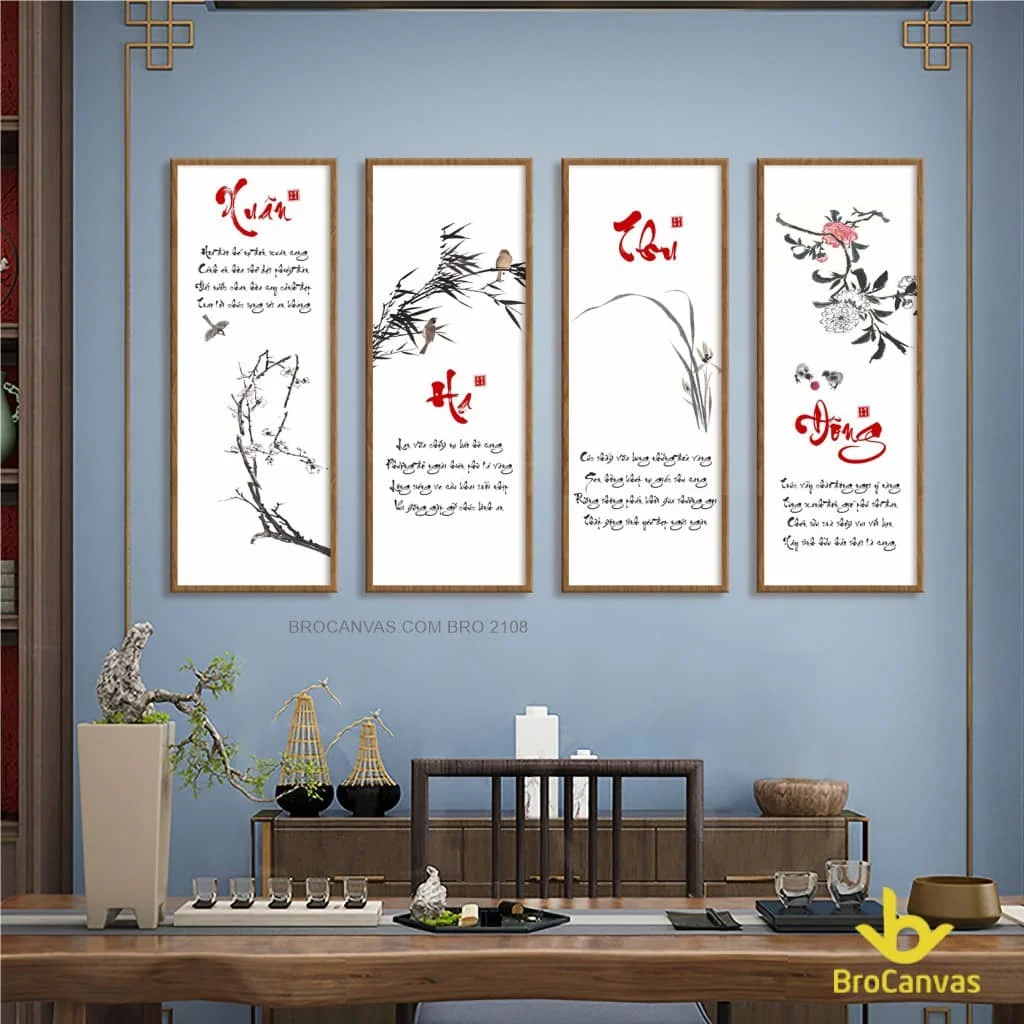 Bộ tranh thư pháp bốn mùa trang trí phòng khách sang trọng