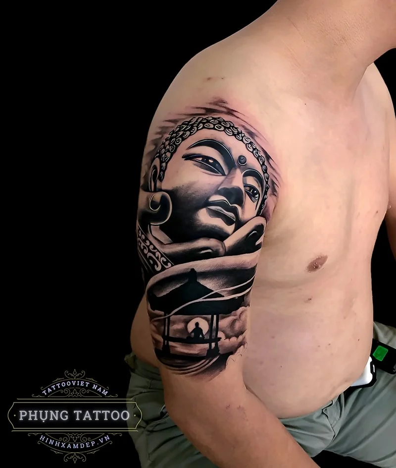 Hình xăm phật ở bắp tay thực hiện tại Minh Phụng Tattoo Bình Thạnh HCM Sài Gòn