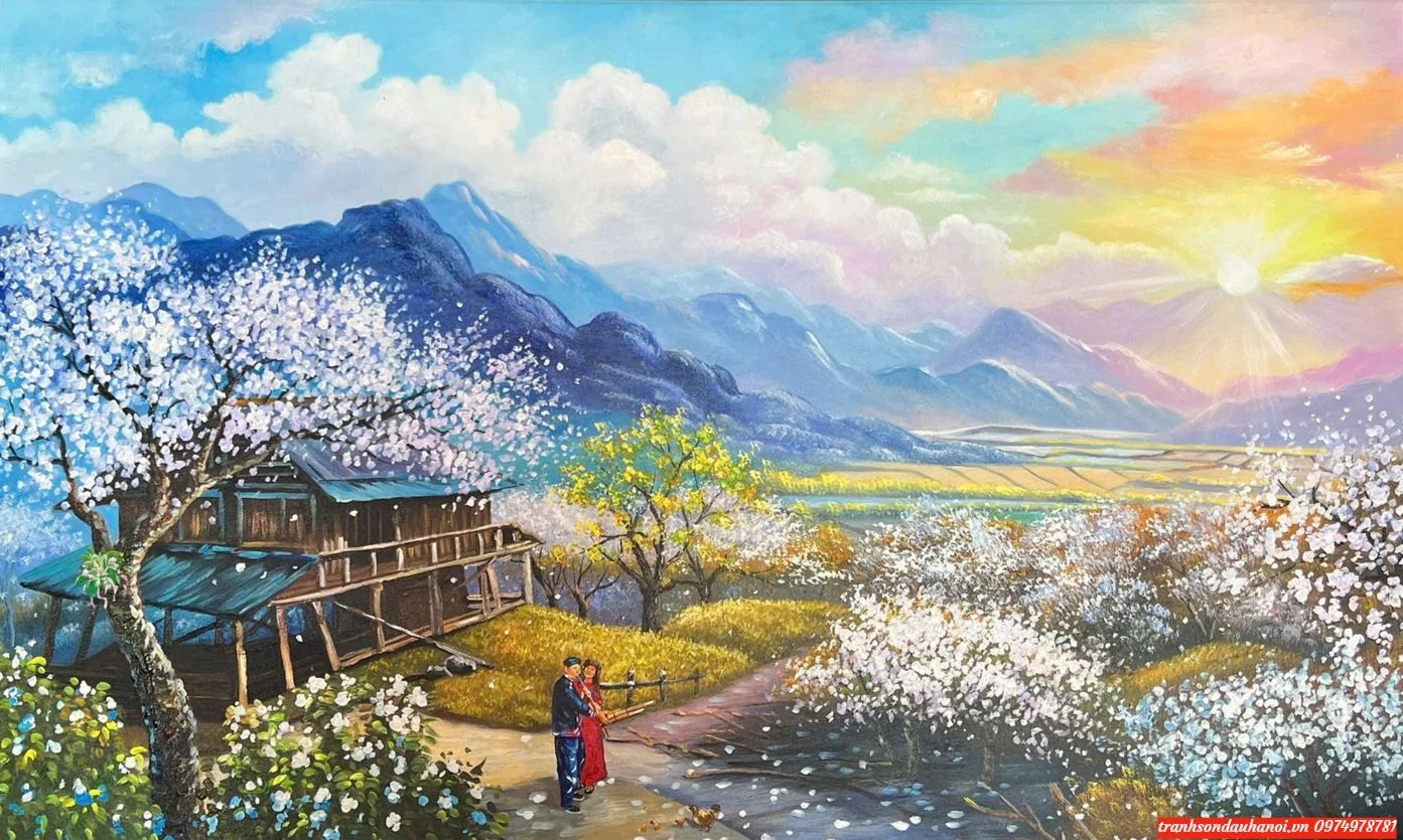 Tranh phong cảnh thung lũng hoa nở dưới chân núi