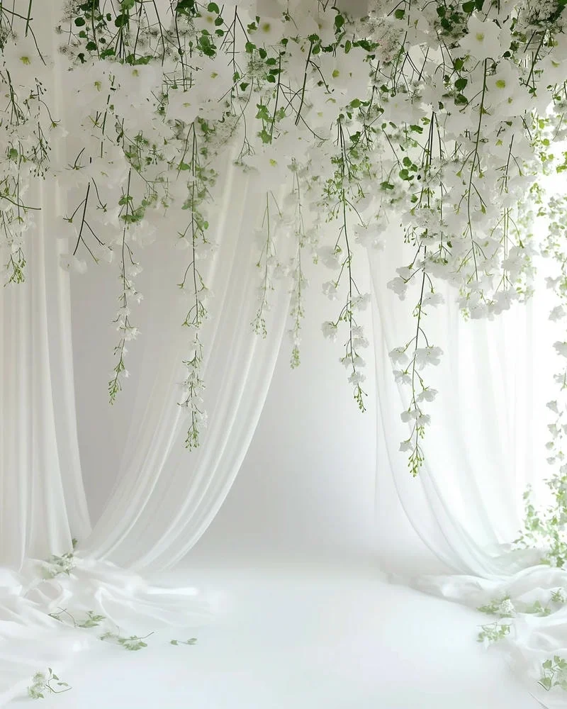background trắng kèm hoa chụp ảnh