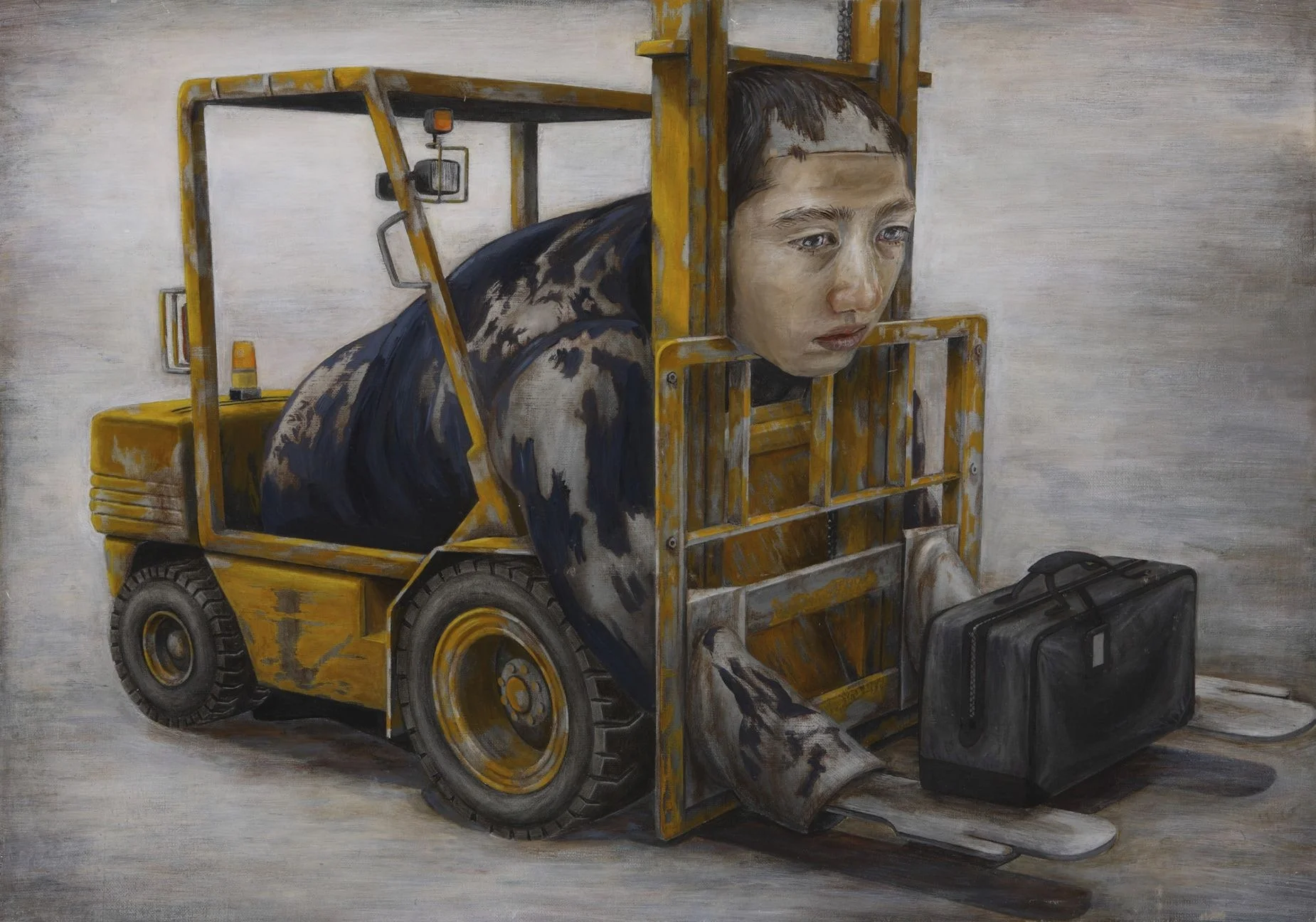 Tranh siêu thực người ngồi trong xe nâng hàng