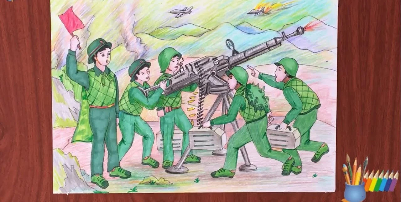 Tranh vẽ chú bộ đội đang vận hành súng phòng không bảo vệ bầu trời.