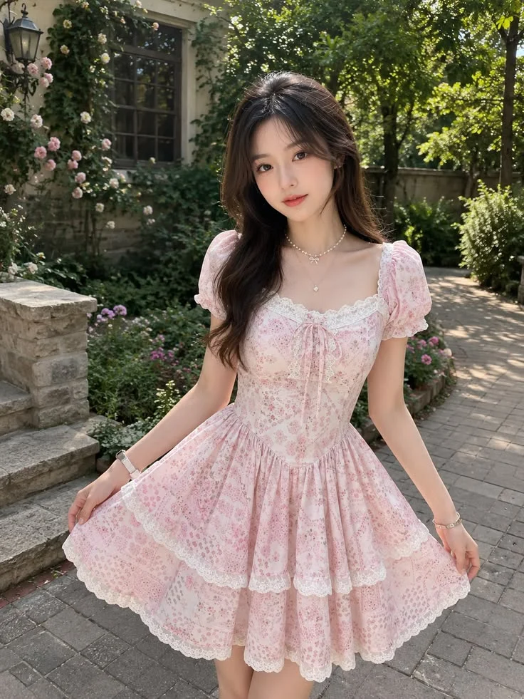 Gái xinh mặc váy hoa nhí phong cách vintage dịu dàng trong vườn