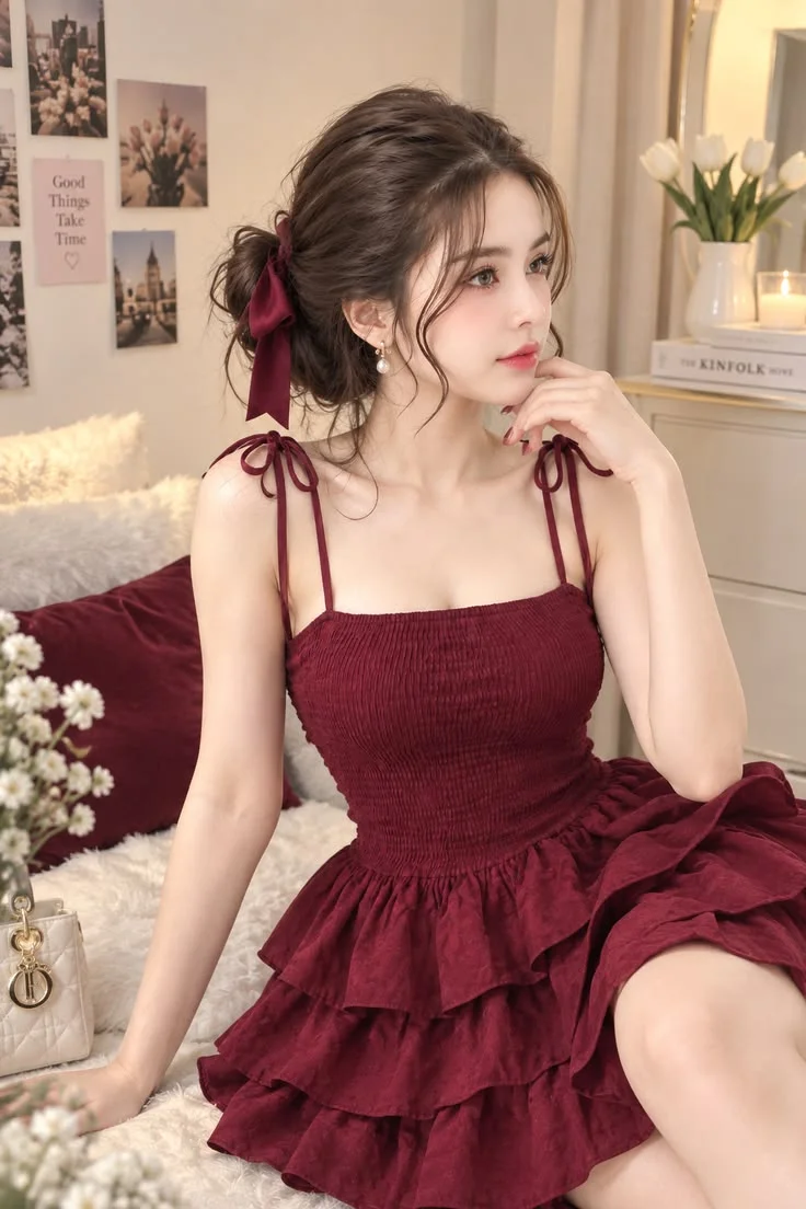 Gái xinh mặc váy đỏ kiểu dáng tiểu thư thanh lịch trong phòng ngủ