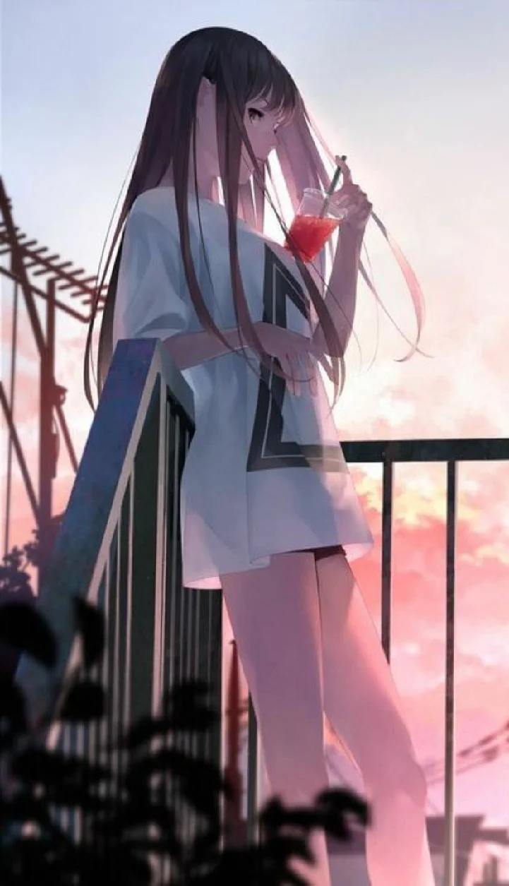 hình ảnh anime nữ ngầu đứng ở ban công trong ánh hoàng hôn